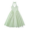 V-neck cinched waist hanging neck tie mid length dress for women