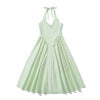 V-neck cinched waist hanging neck tie mid length dress for women